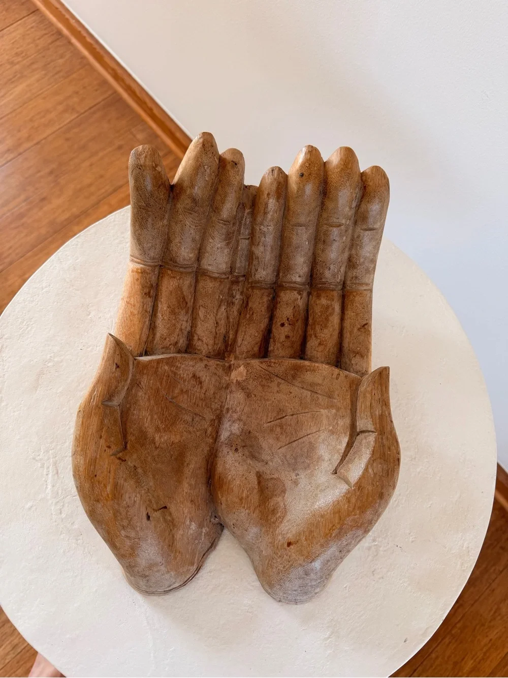 CARVED SUAR WOOD CUPPED/BEGGING‎ HANDS OFFERING SCULPTURE BOWL RUSTIC JAPANDI